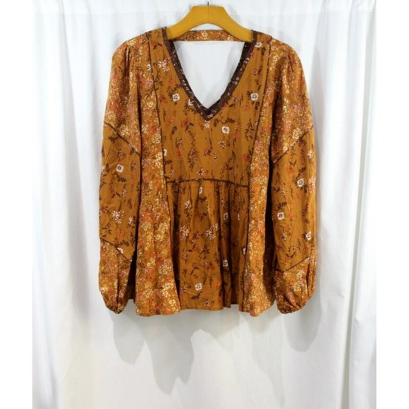 Maurices Tops - Maurices Womens Tan Floral Long Sleeve Boho Blouse S NWT